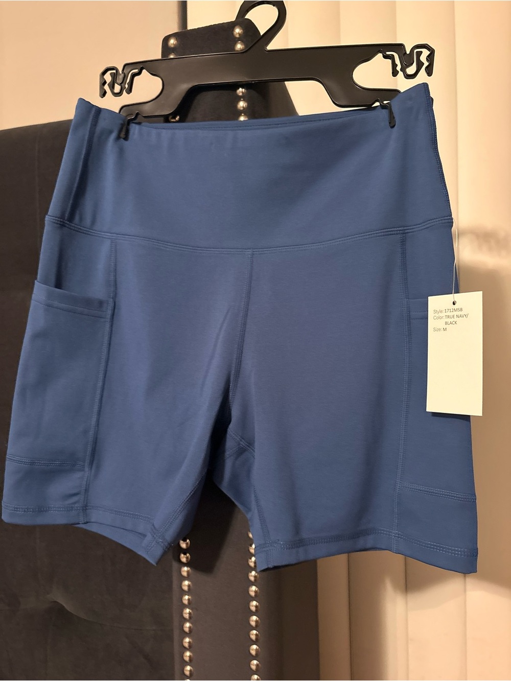 Women's High-Waist Blue Athletic Shorts with Side Pocket